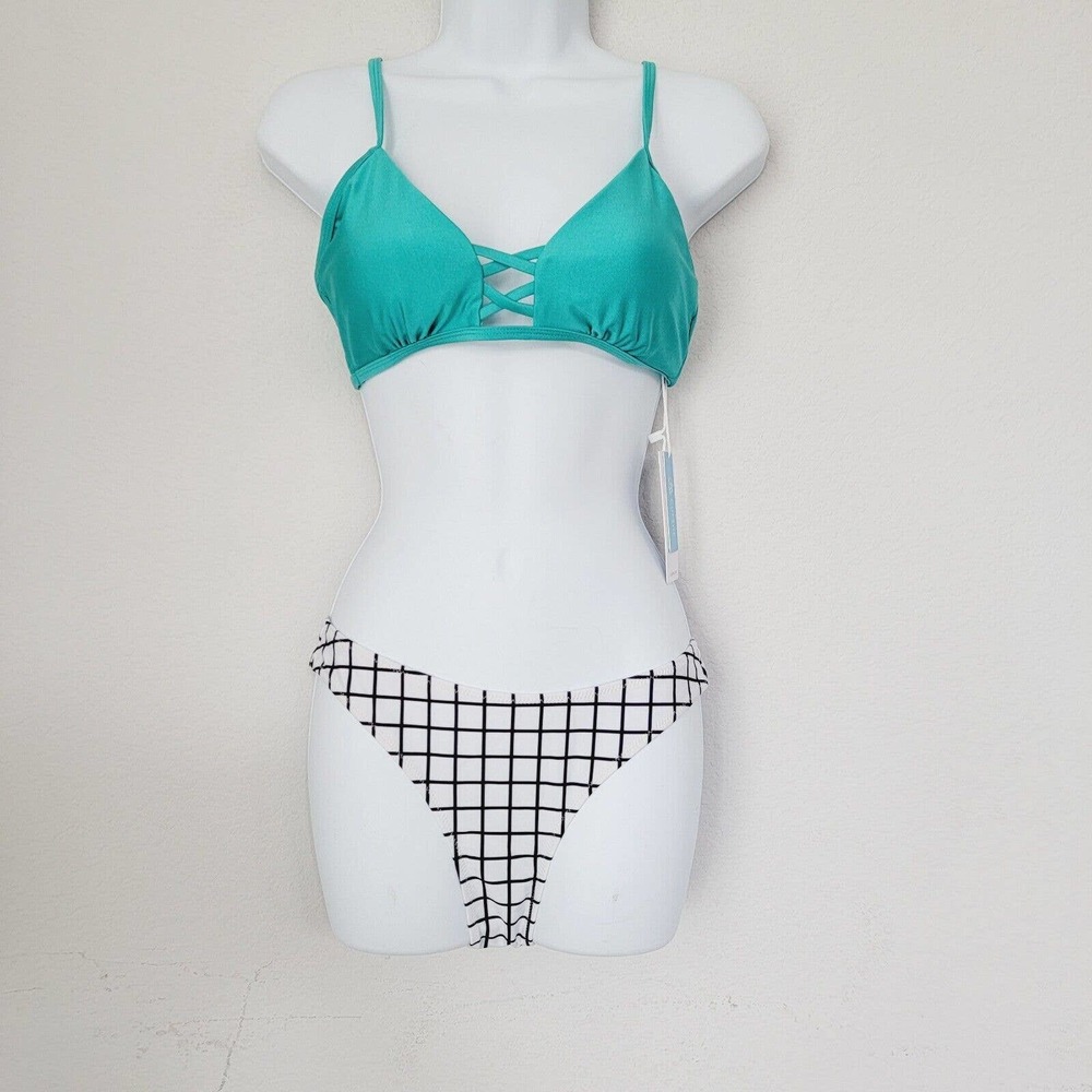 NEW Cupshe Woman's White Black Checkered Green Bikini Thong Small Medium